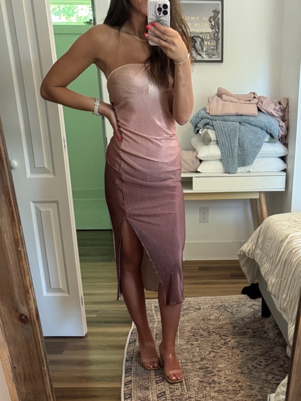 Fashion Nova Blush Pink Metallic Strapless Midi Dress